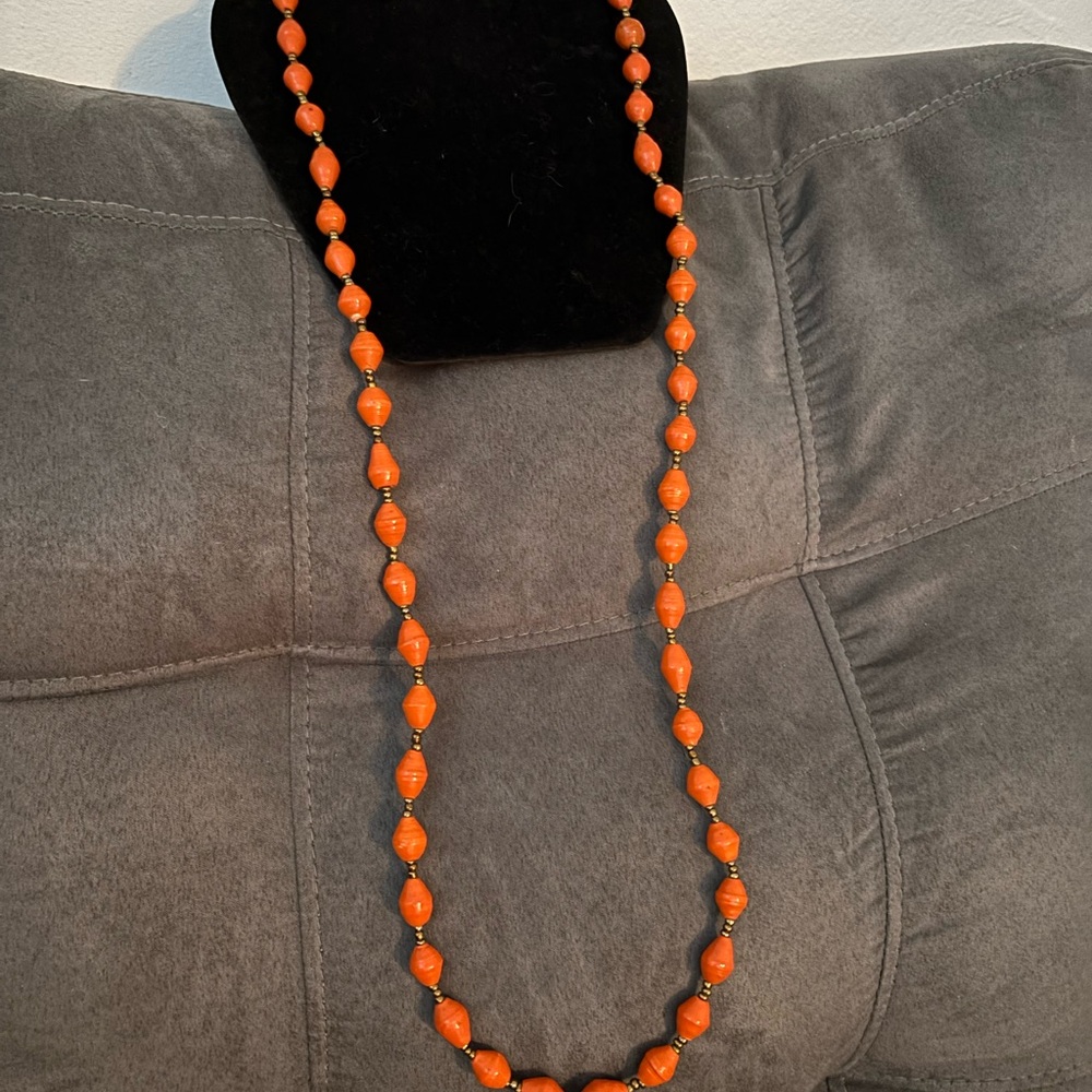 Elegant Orange Beaded Necklace. New handmade in Rwanda